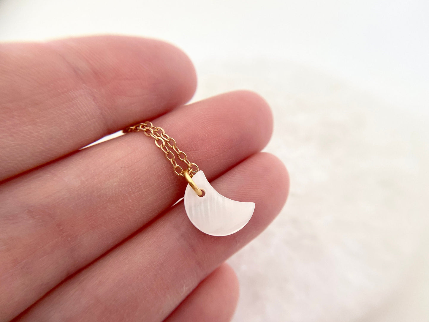 Gold Plated Mother of Pearl Moon Crescent Pendant Necklace