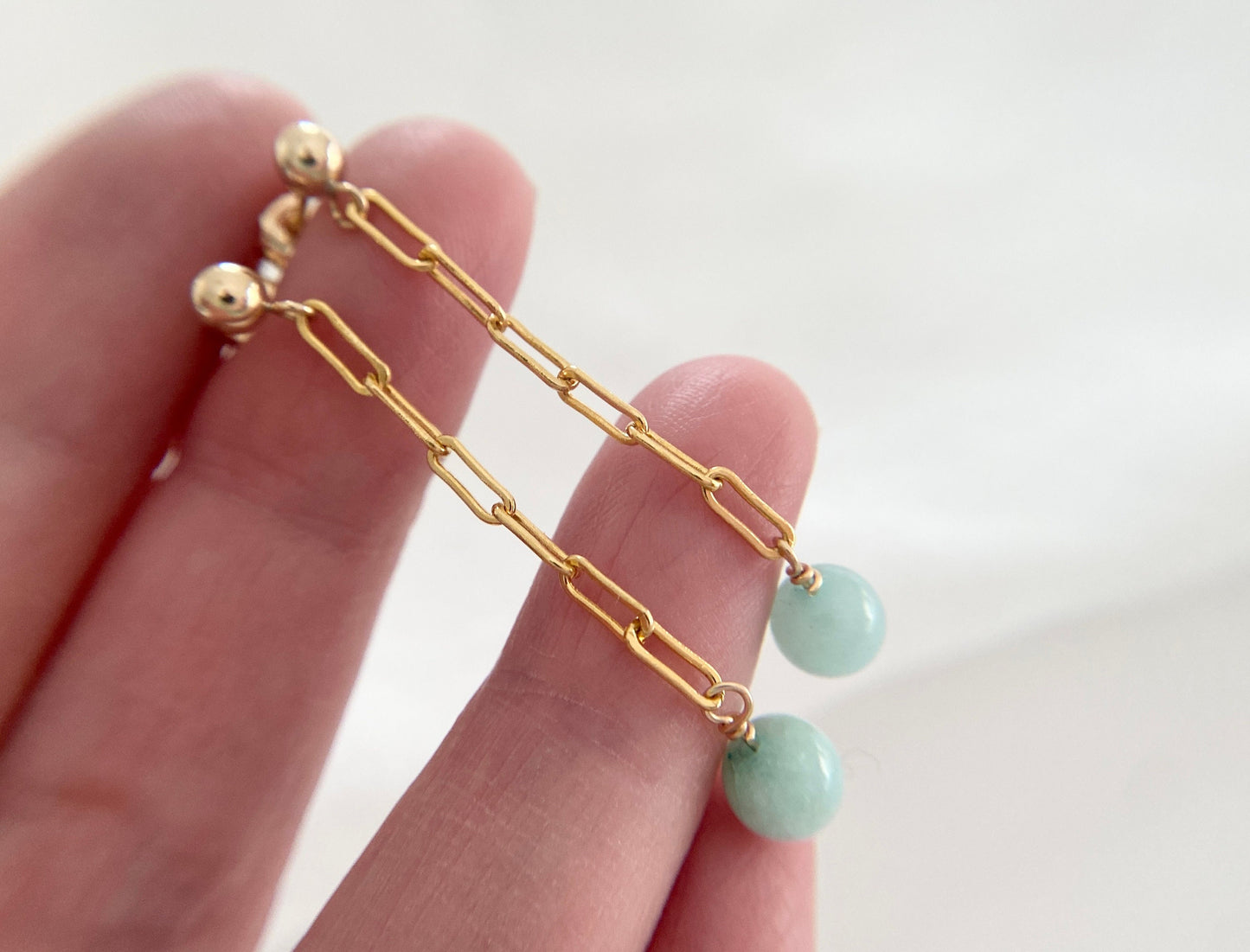 Gold Filled Long Drop Jade Earrings