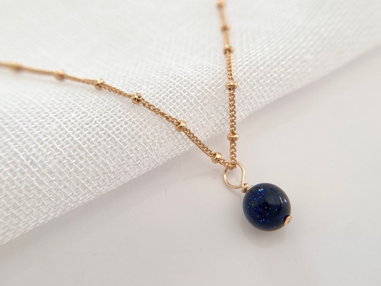 Gold Filled Blue Goldstone Necklace on Satellite Chain