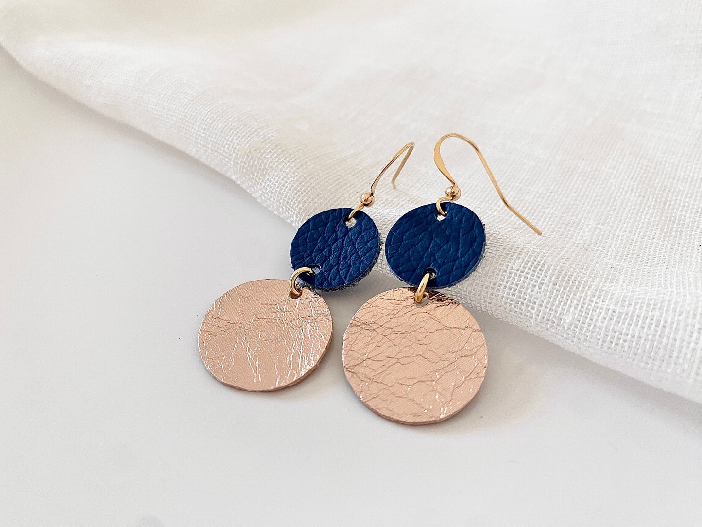 Rose Gold & Blue Handmade Leather Statement Earrings