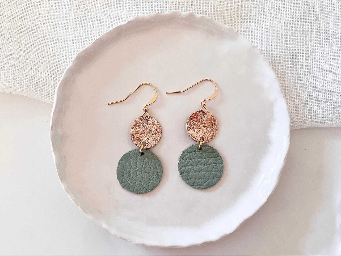 Rose Gold & Green Leather Handmade Statement Earrings