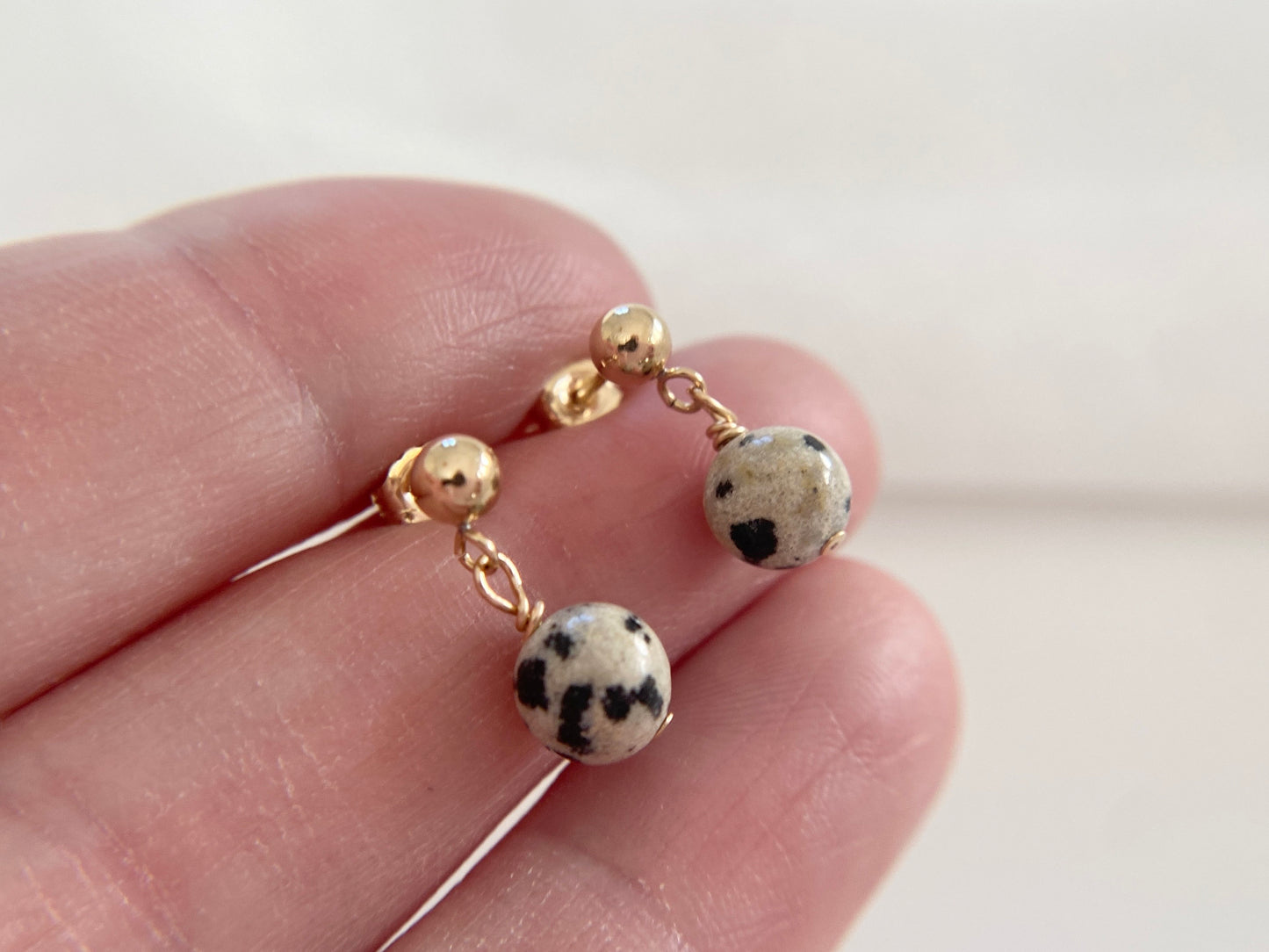 Gold Filled Dalmatian Jasper Stud Drop Earrings