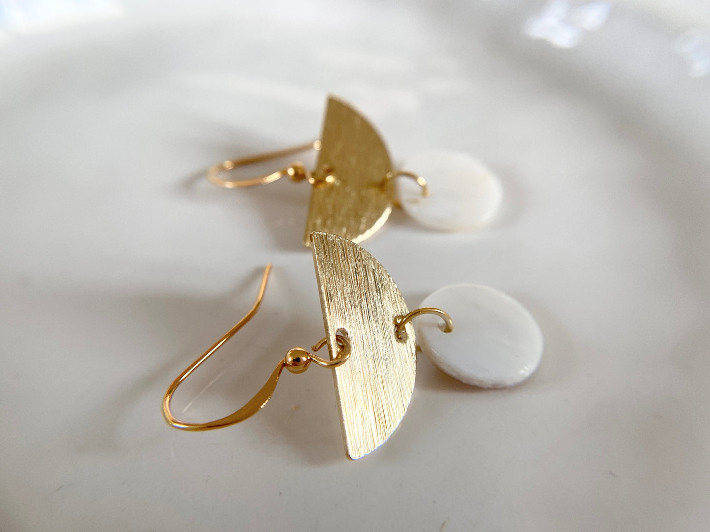 Gold Plated Mother of Pearl Semi-Circle Disc Earrings