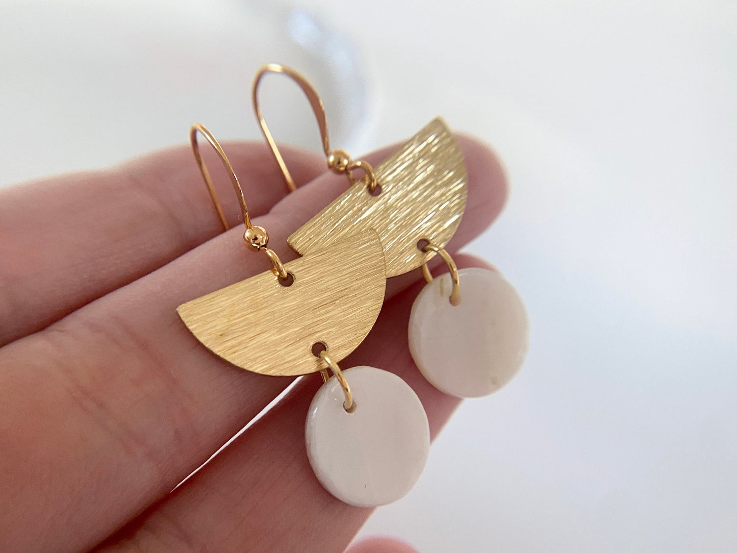 Gold Plated Mother of Pearl Semi-Circle Disc Earrings