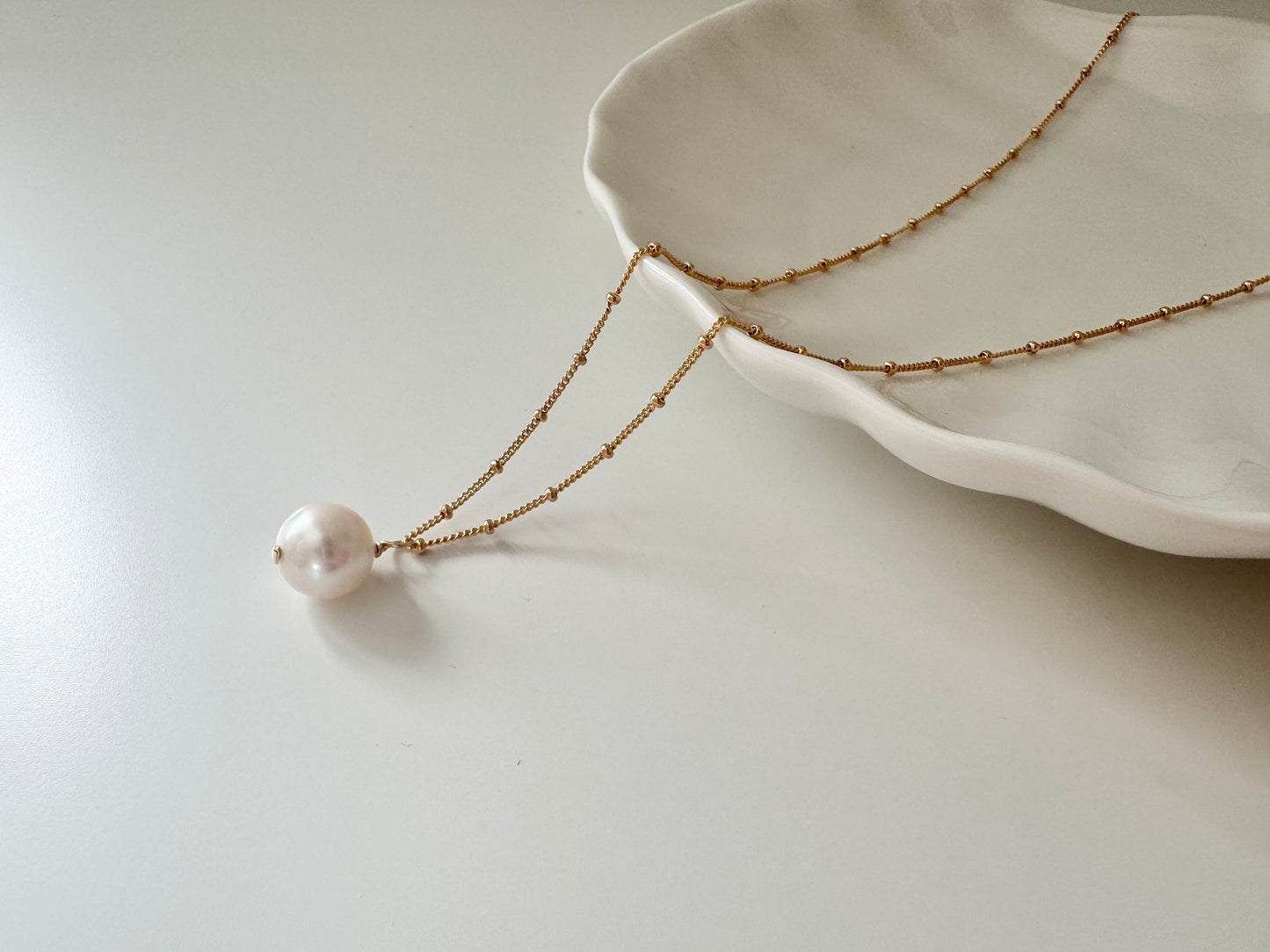 Freshwater Pearl Gold Filled Pendant Necklace on Satellite Chain