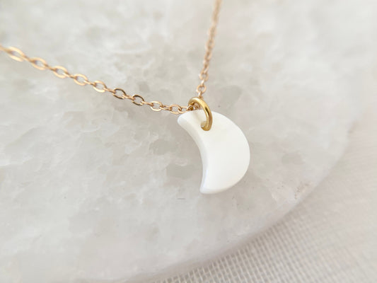 Gold Plated Mother of Pearl Moon Crescent Pendant Necklace