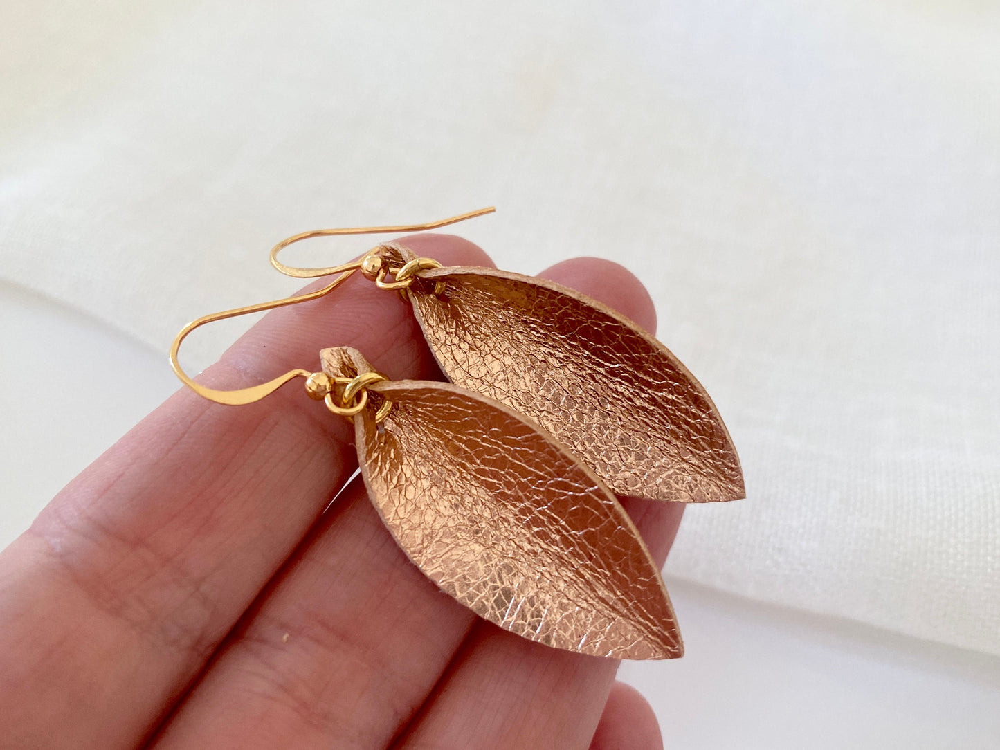 Rose Gold Leather Leaf Statement Earrings