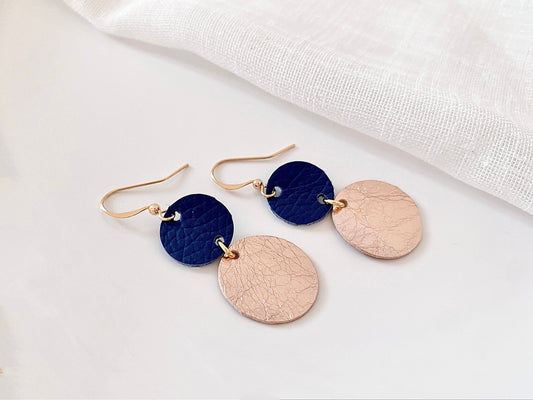 Rose Gold & Blue Handmade Leather Statement Earrings